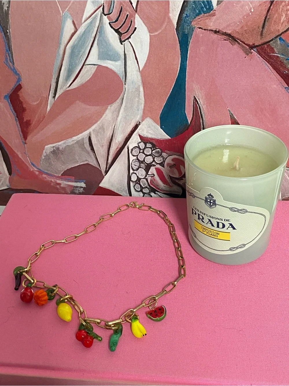 Quirky Gold Chain Charm Necklace with Colorful Fruit Charms